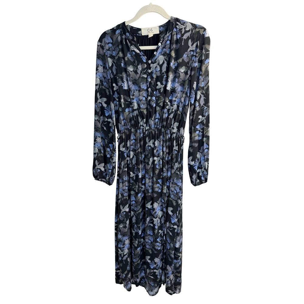 Cloth & Stone Blue Floral Long Sleeve Midi Dress Elastic Waist S #422 - Picture 2 of 8